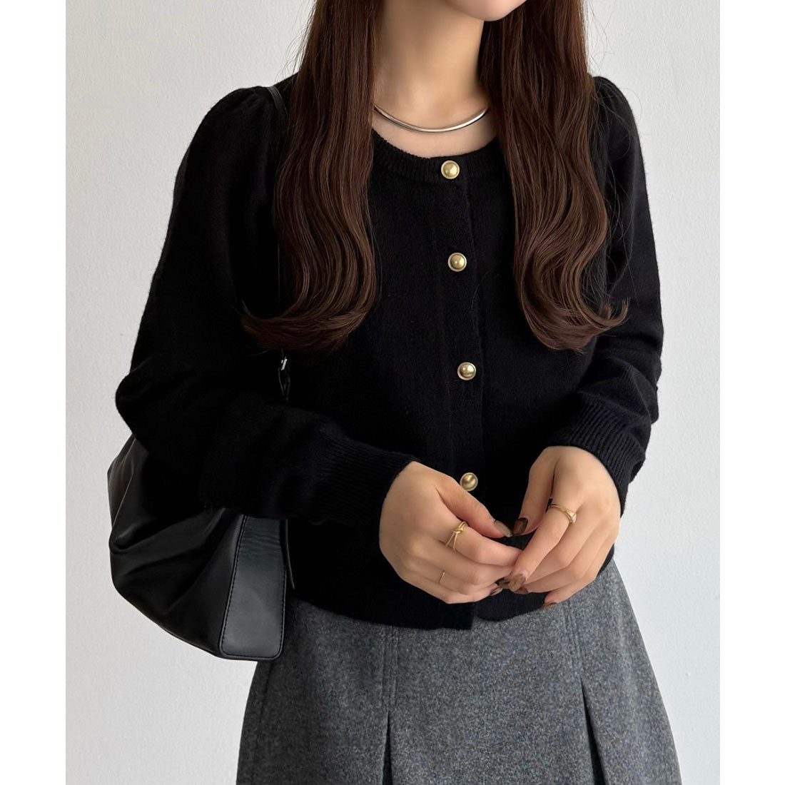 カラウティア callautia 金ボタンパフスリーブショートニットカーディガン （ブラック） ブラック