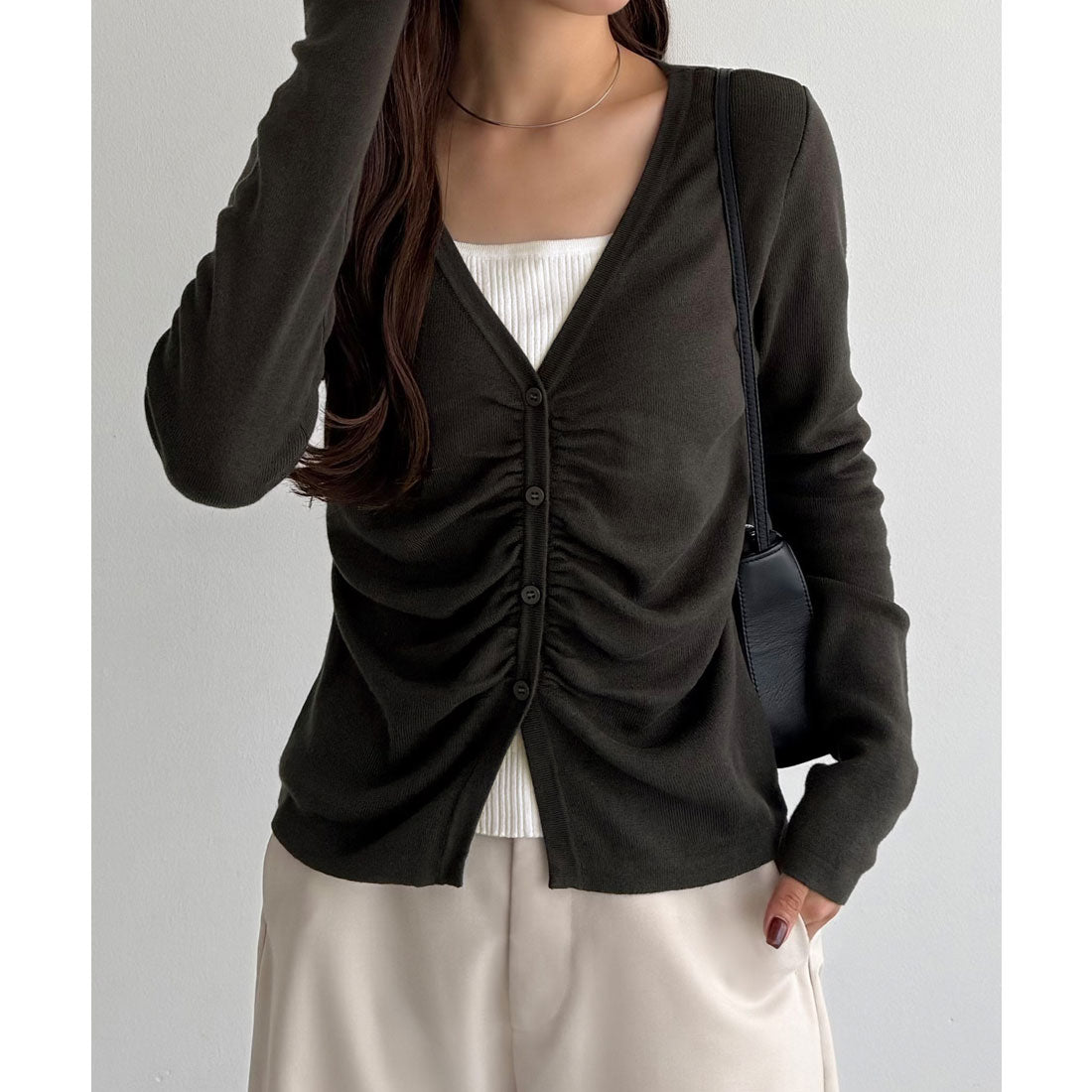 カラウティア callautia callautia レイヤード風ギャザーニットトップス （チャコール） チャコール