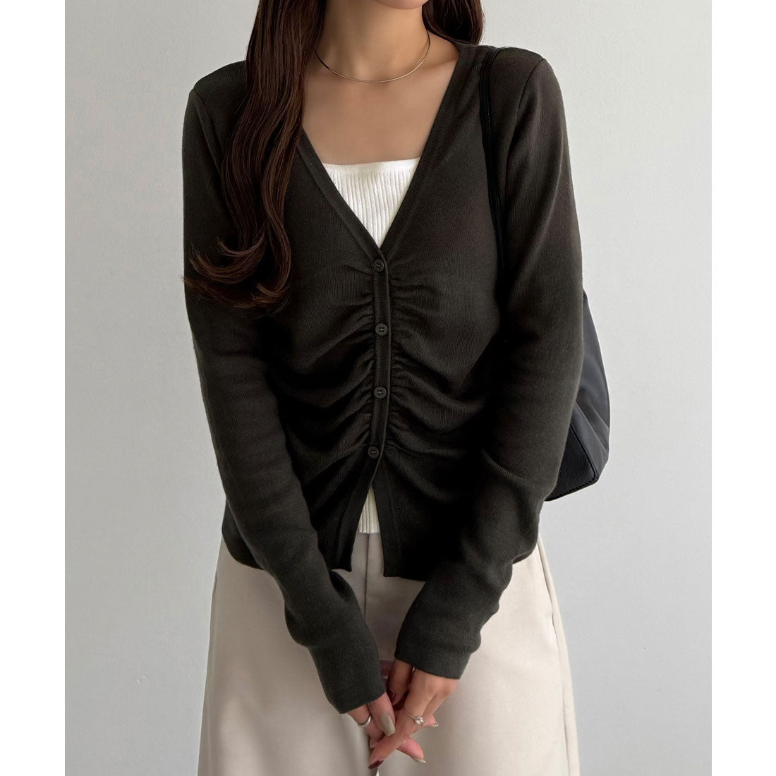 カラウティア callautia callautia レイヤード風ギャザーニットトップス （チャコール） チャコール