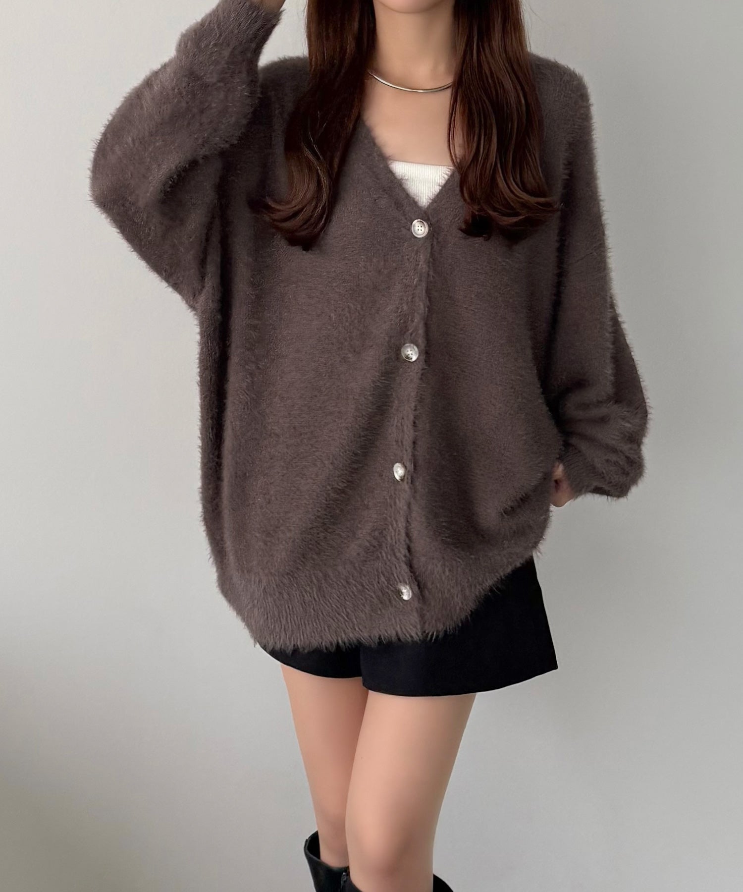 カラウティア callautia 薄手ニットシャギーカーディガン+ショートパンツSET （モカ） モカ