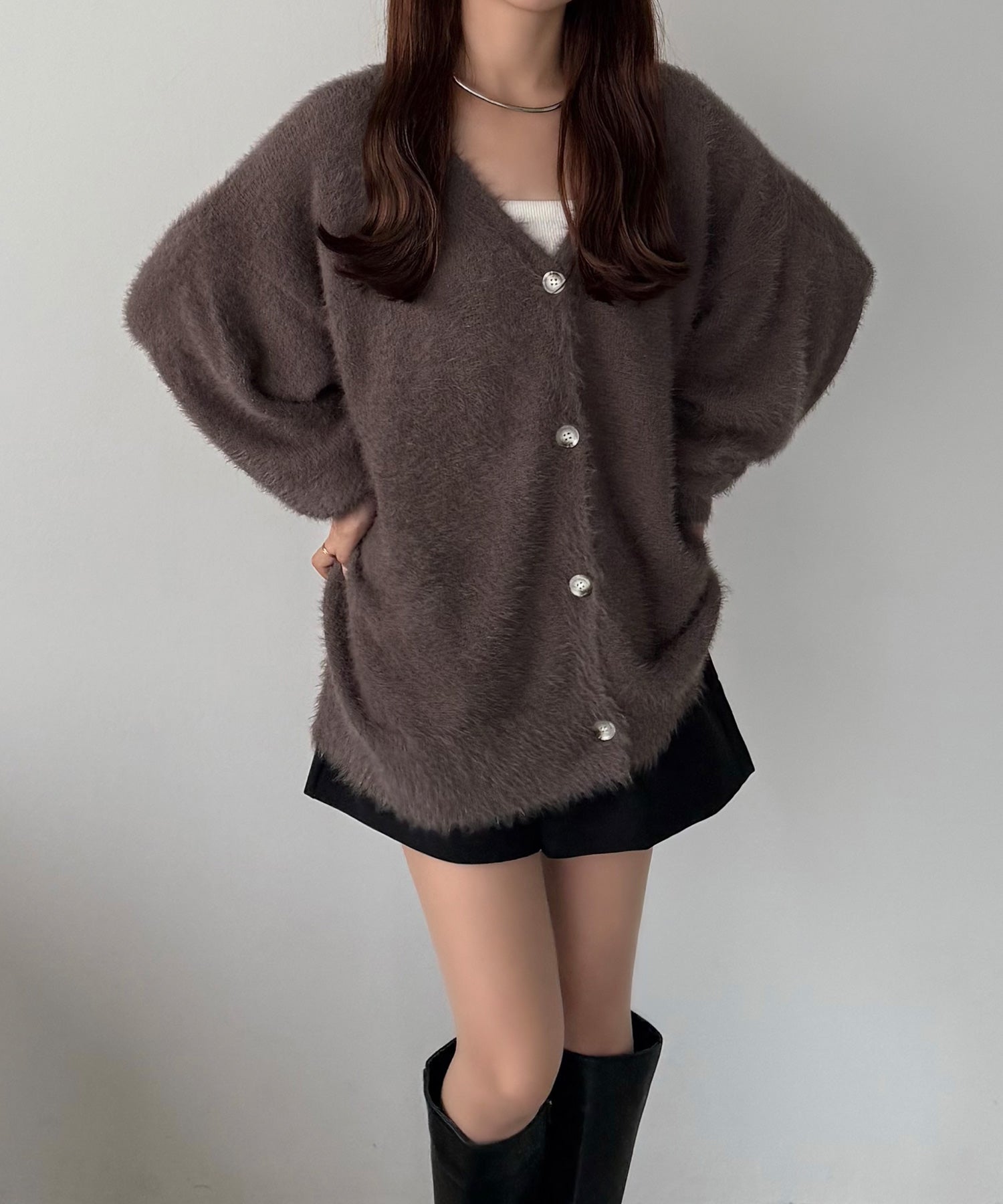 カラウティア callautia 薄手ニットシャギーカーディガン+ショートパンツSET （モカ） モカ