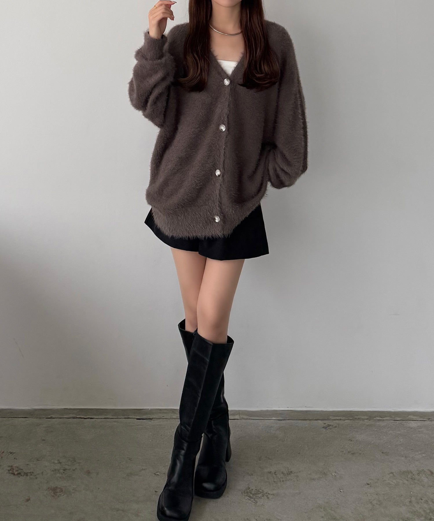 カラウティア callautia 薄手ニットシャギーカーディガン+ショートパンツSET （モカ） モカ