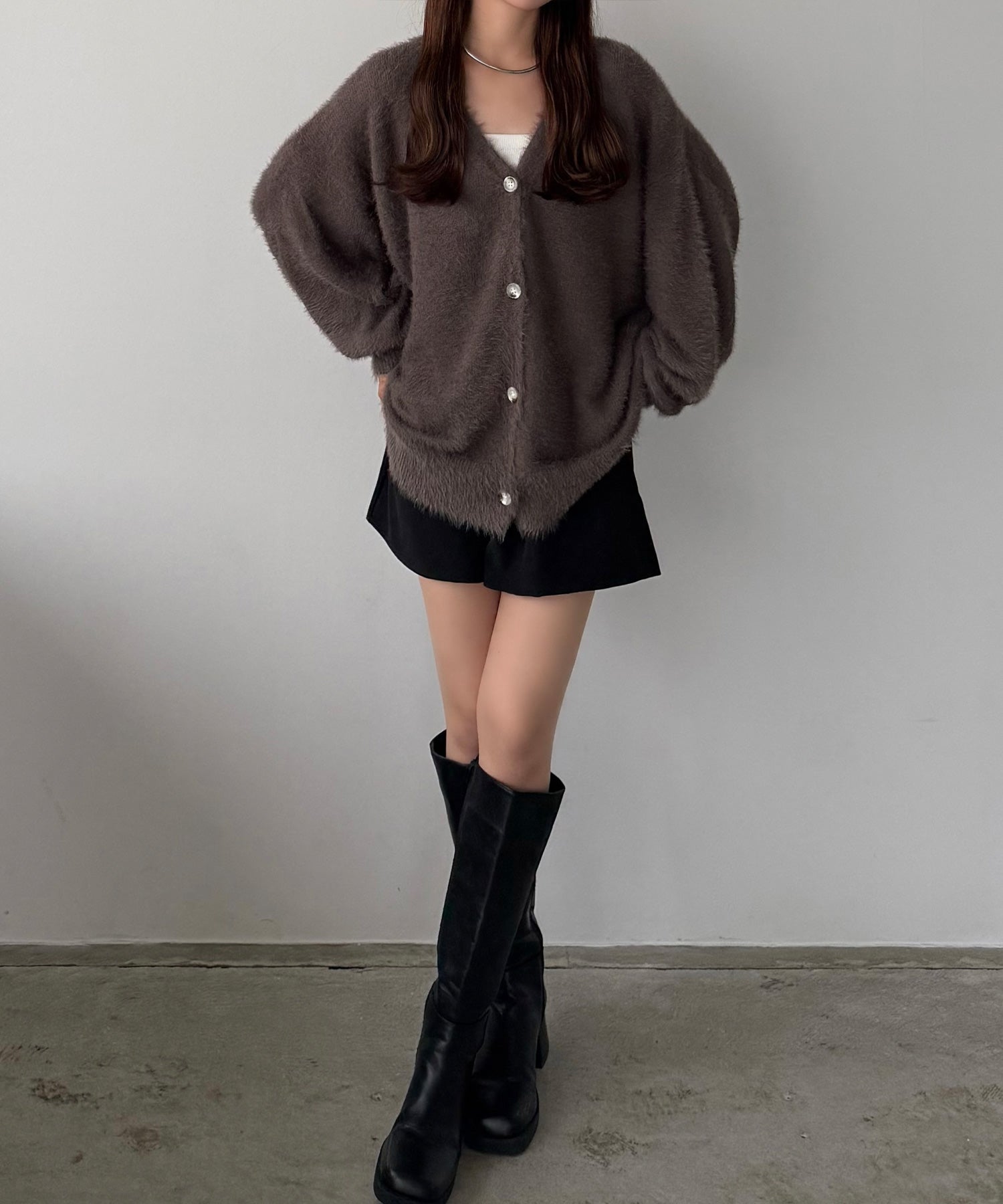 カラウティア callautia 薄手ニットシャギーカーディガン+ショートパンツSET （モカ） モカ