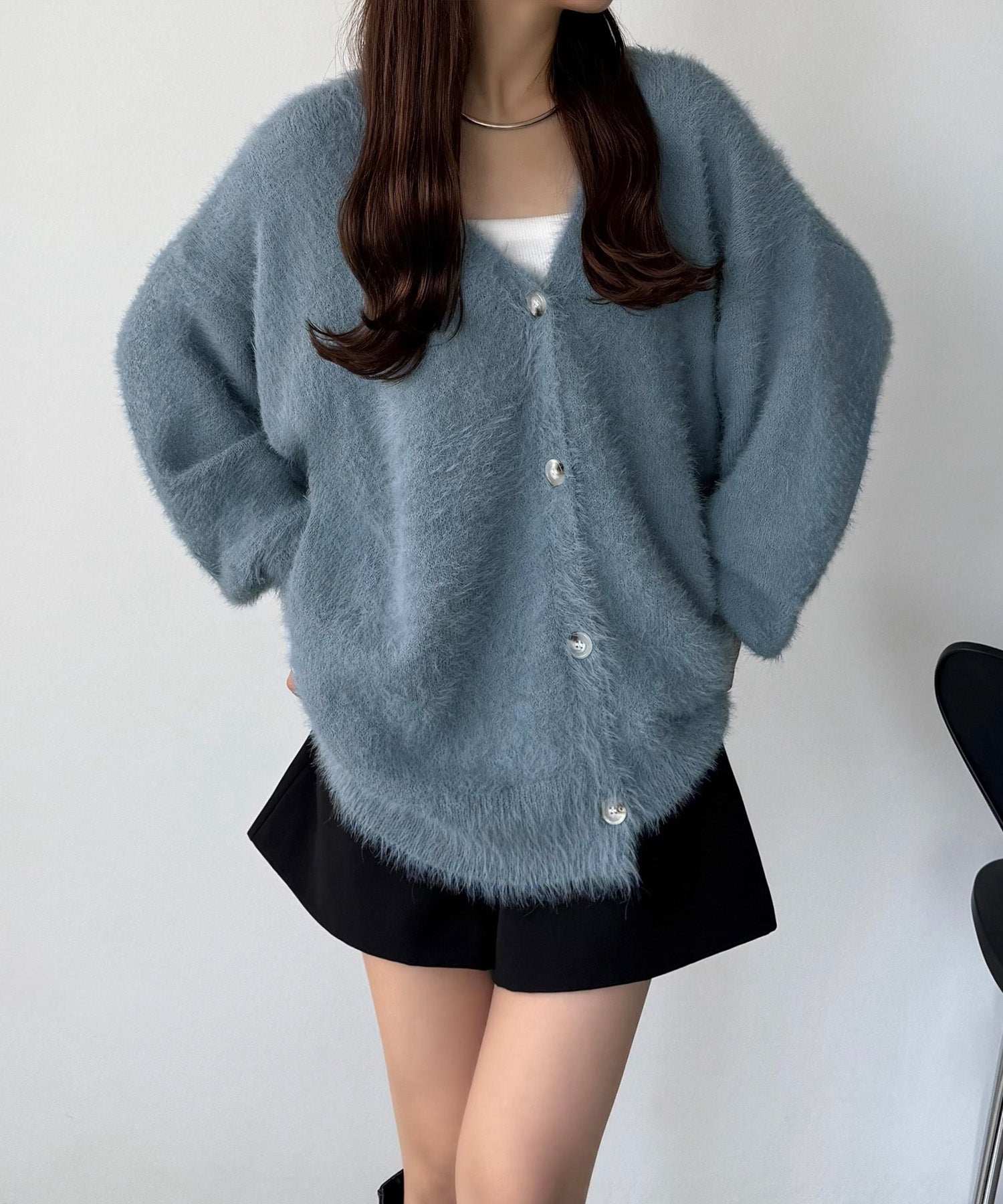 カラウティア callautia 薄手ニットシャギーカーディガン+ショートパンツSET （ブルー） ブルー