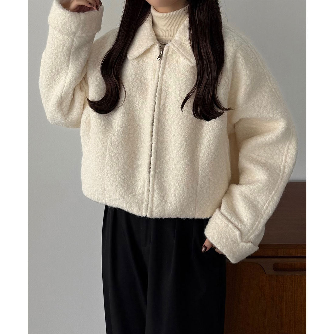 カラウティア callautia callautia ループツイードステンカラーショートジップブルゾン （アイボリー） アイボリー