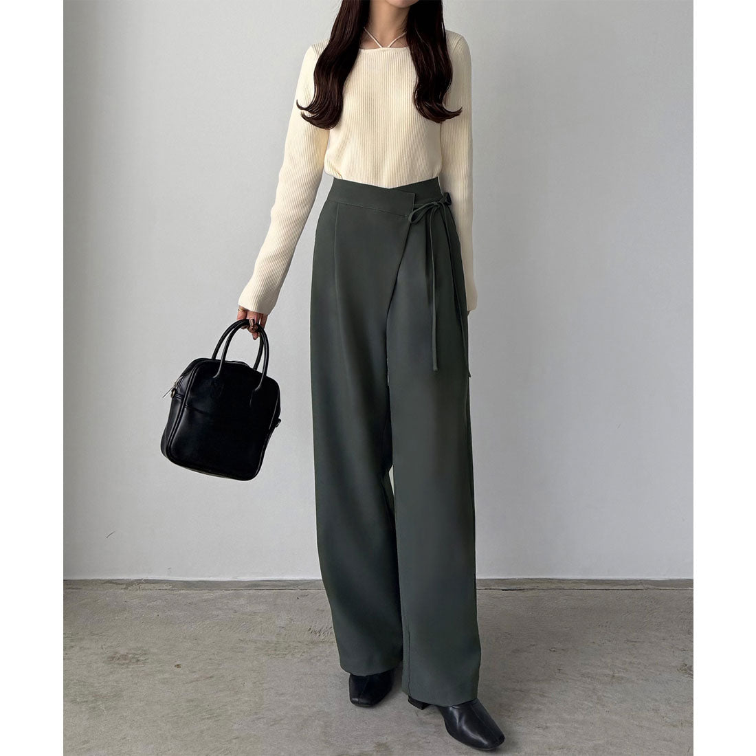 カラウティア callautia callautia 薄手ラップリボンスラックスパンツ（裏地無し） （チャコール） チャコール