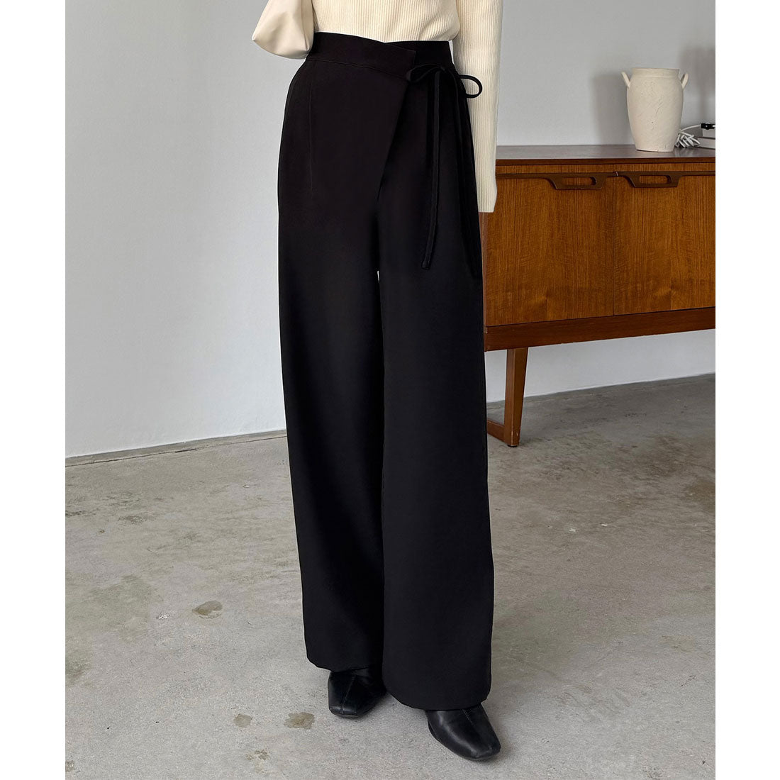 カラウティア callautia callautia 薄手ラップリボンスラックスパンツ（裏地無し） （ブラック） ブラック