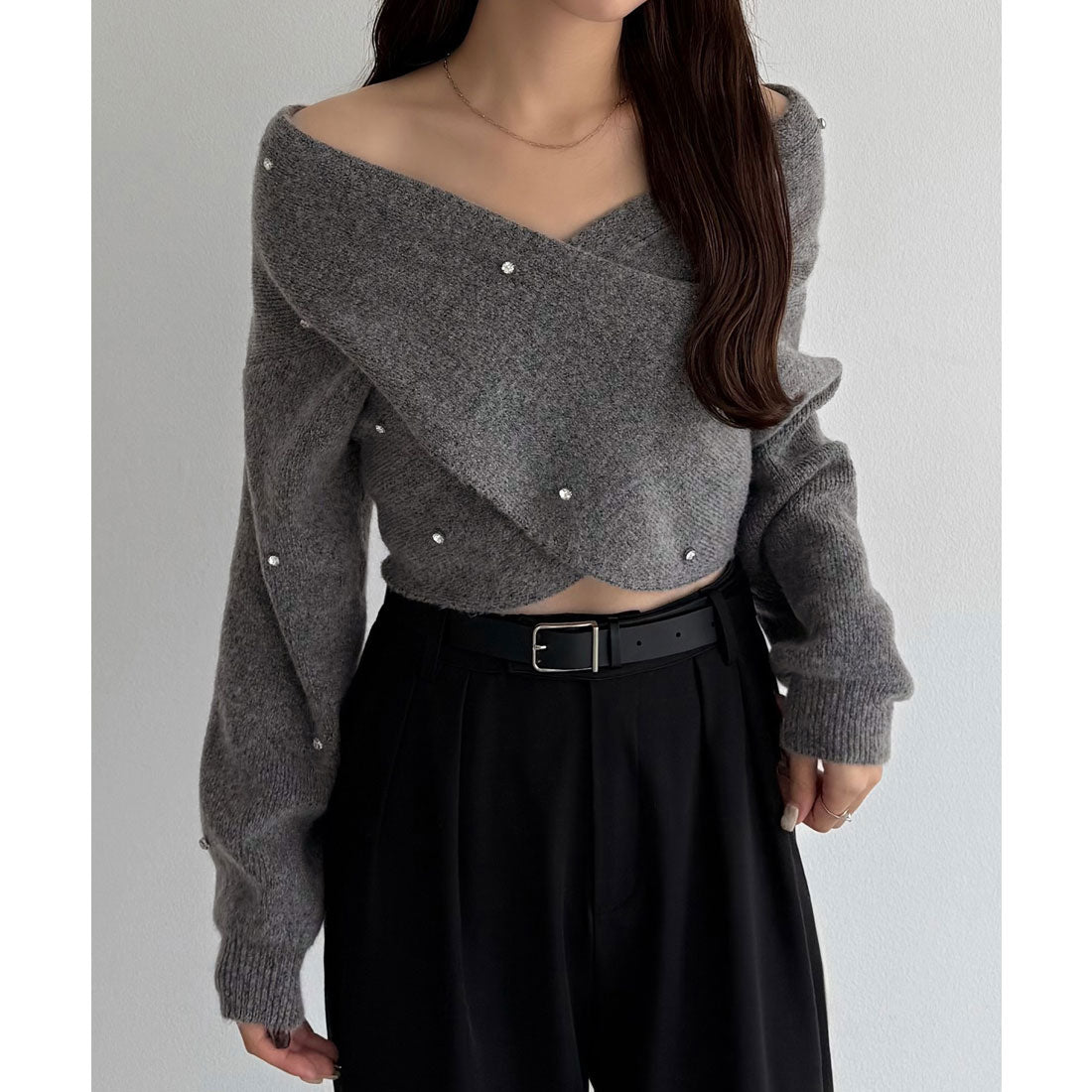 カラウティア callautia callautia オフショルビジュークロスニット （チャコール） チャコール