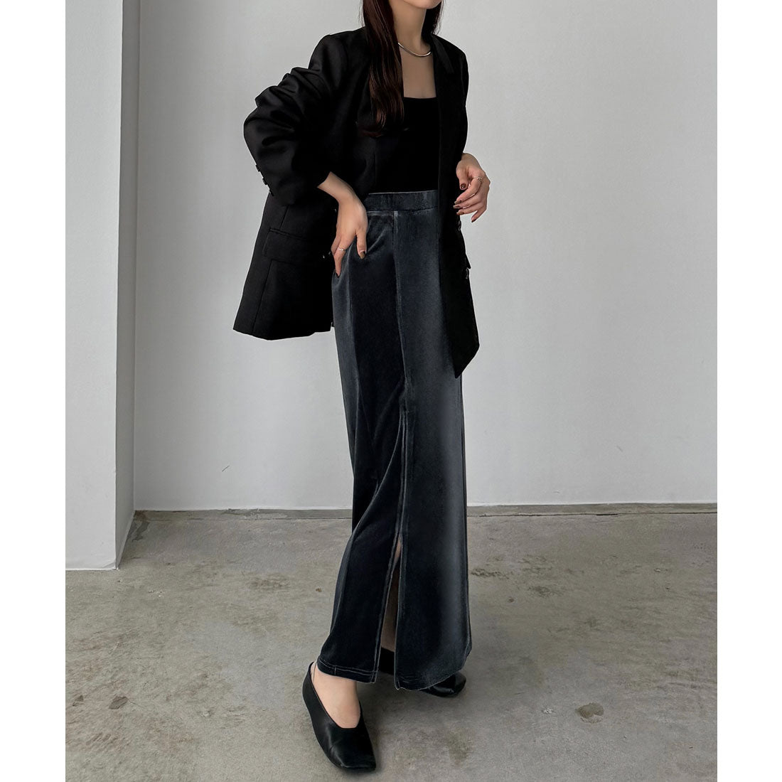 カラウティア callautia callautia ファスナースリットIラインべロアスカート（薄手、裏地なし） （グレー） グレー