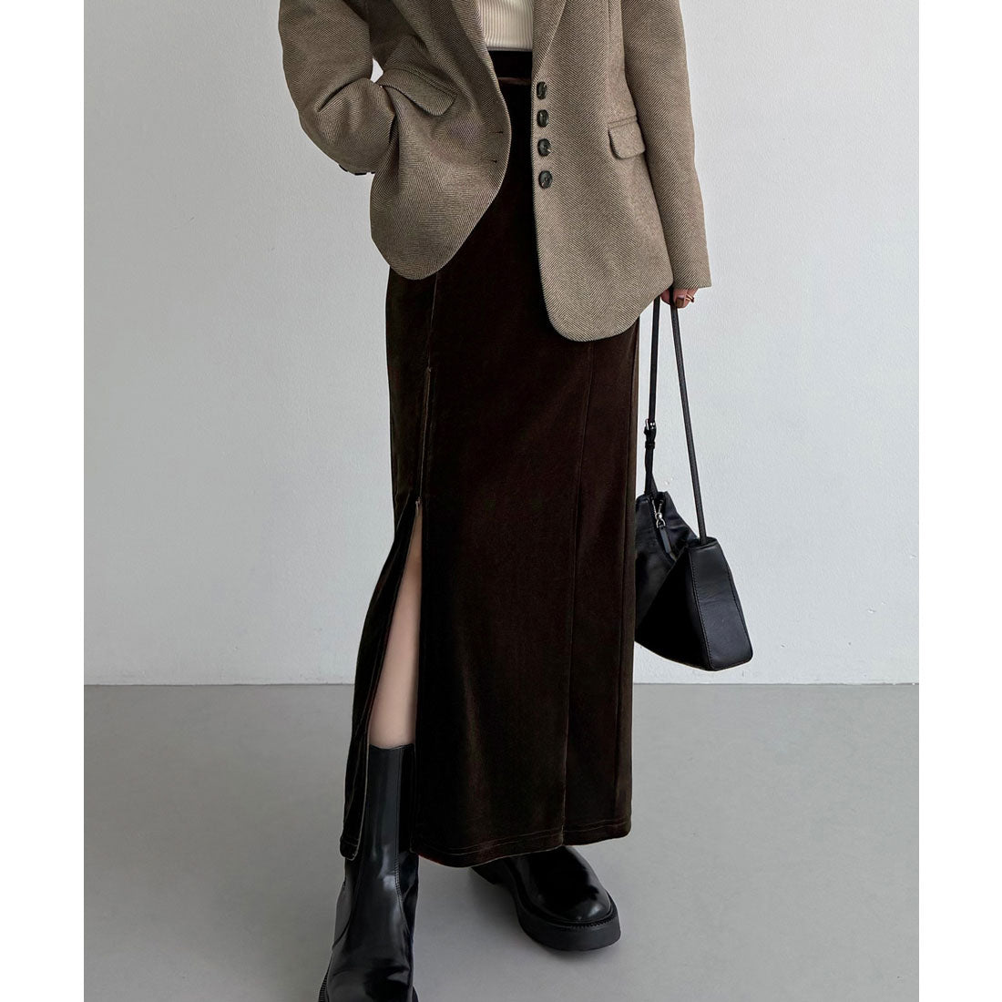 カラウティア callautia callautia ファスナースリットIラインべロアスカート（薄手、裏地なし） （ブラウン） ブラウン