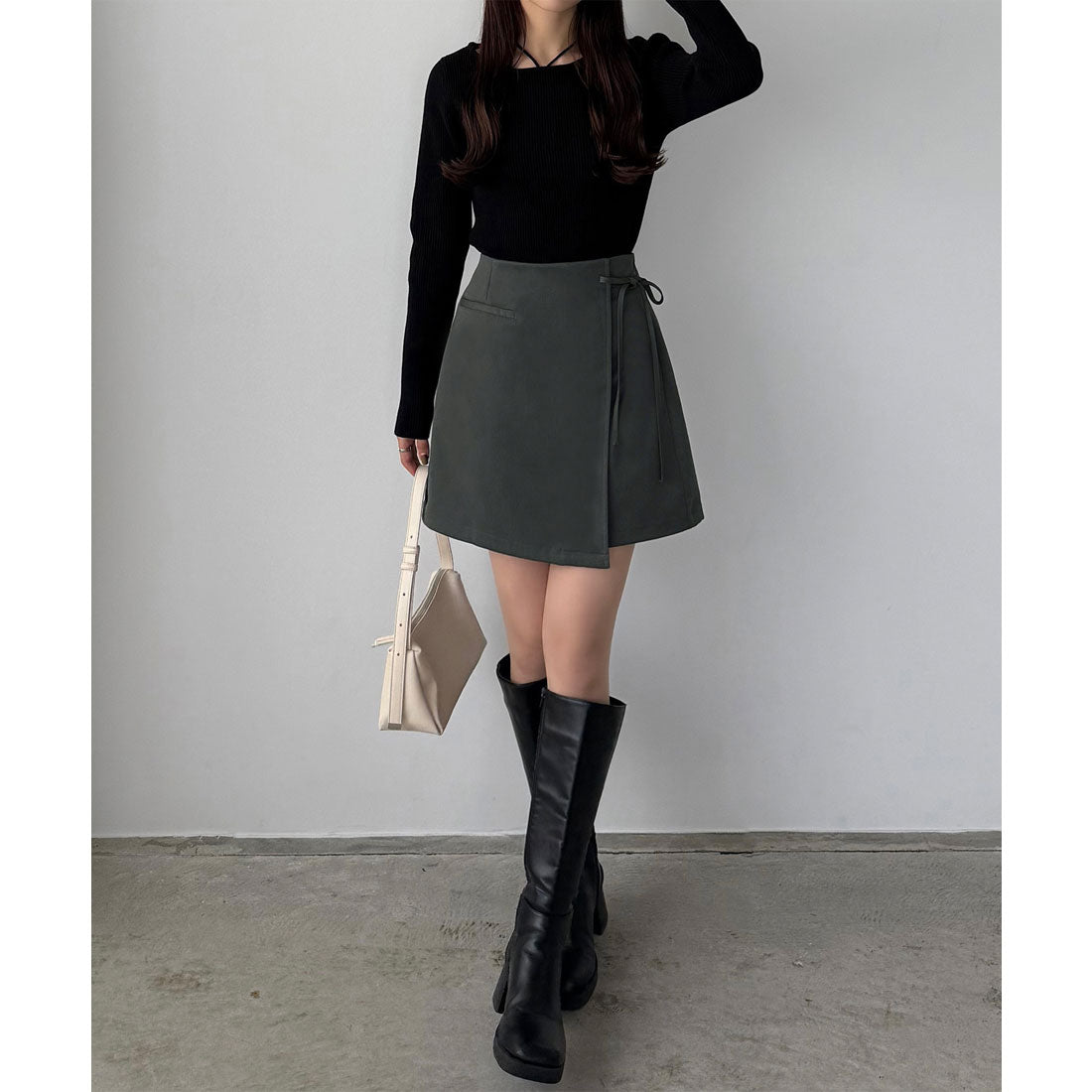 カラウティア callautia callautia ラップ風リボンミニスカート（インパン付き） （チャコール） チャコール