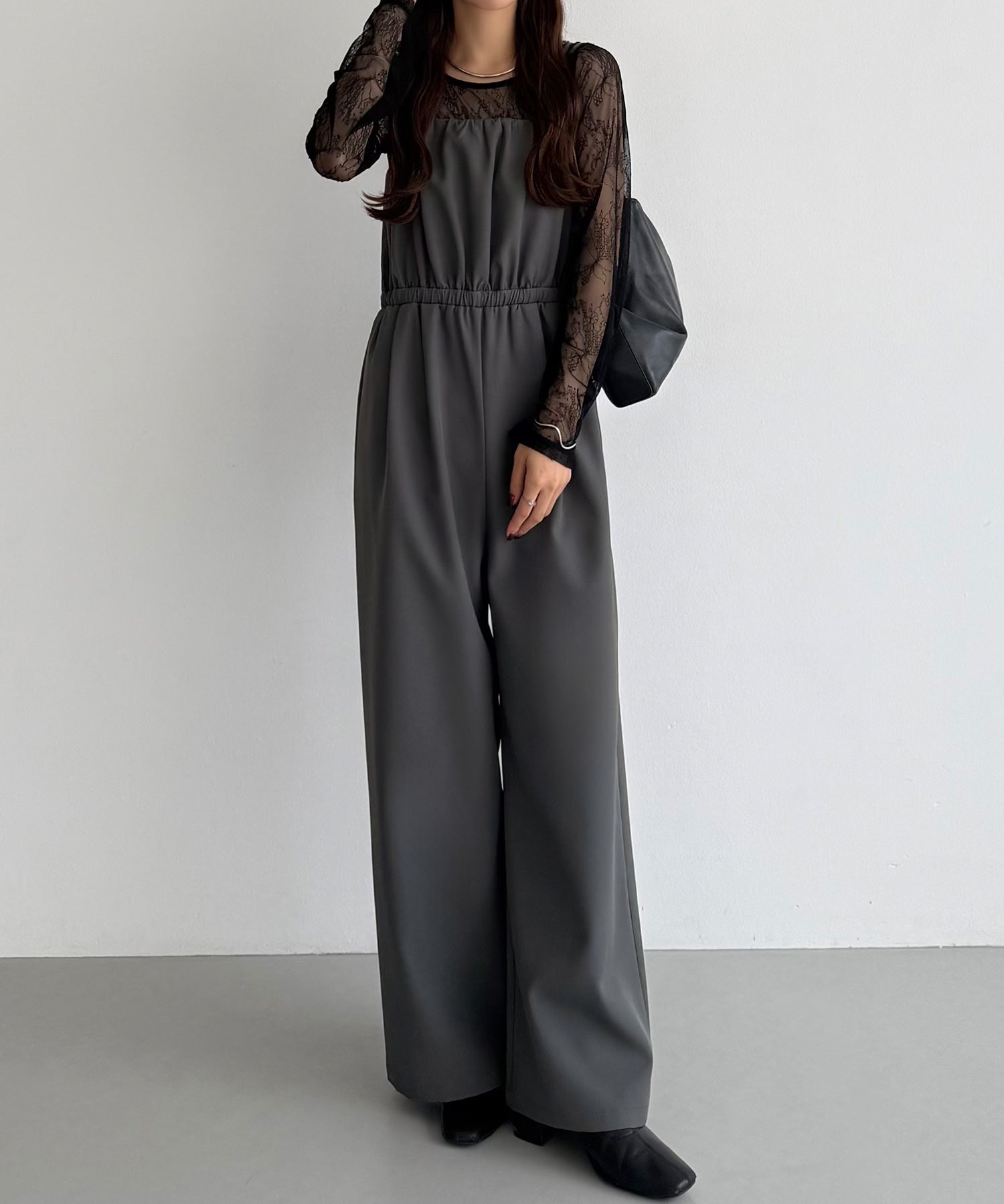 カラウティア callautia callautia シアーレーストップス+ギャザーサロぺットパンツset （チャコール） チャコール