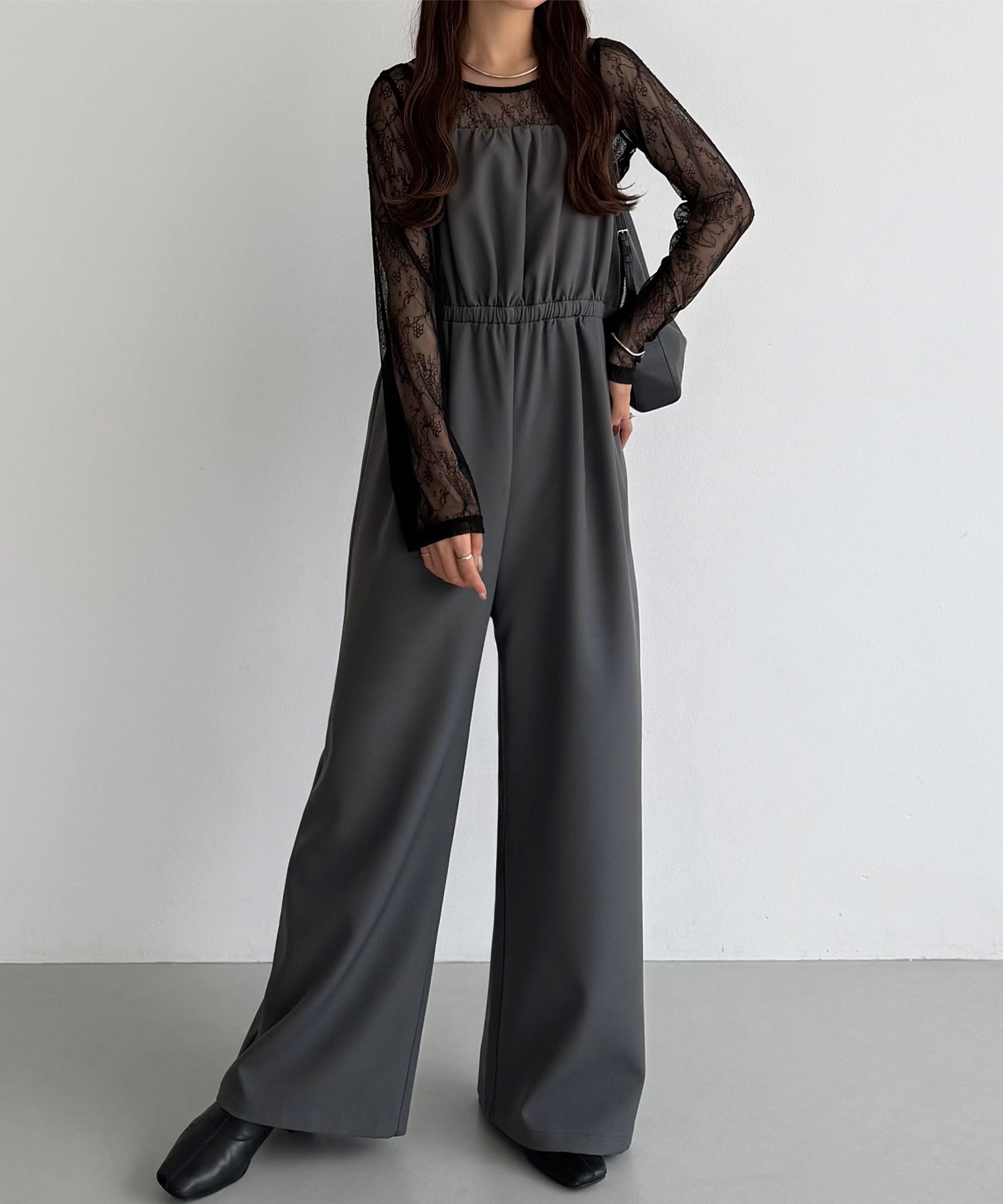 カラウティア callautia callautia シアーレーストップス+ギャザーサロぺットパンツset （チャコール） チャコール