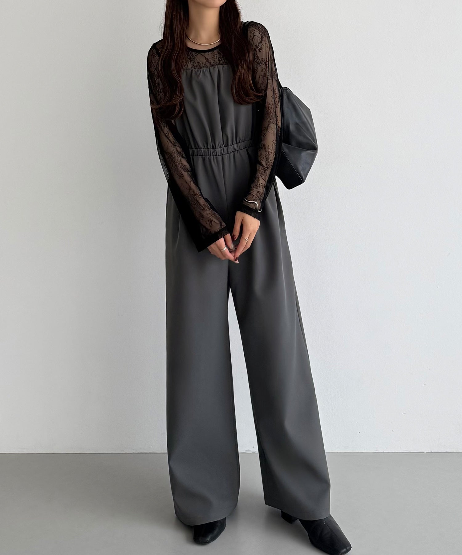 カラウティア callautia callautia シアーレーストップス+ギャザーサロぺットパンツset （チャコール） チャコール