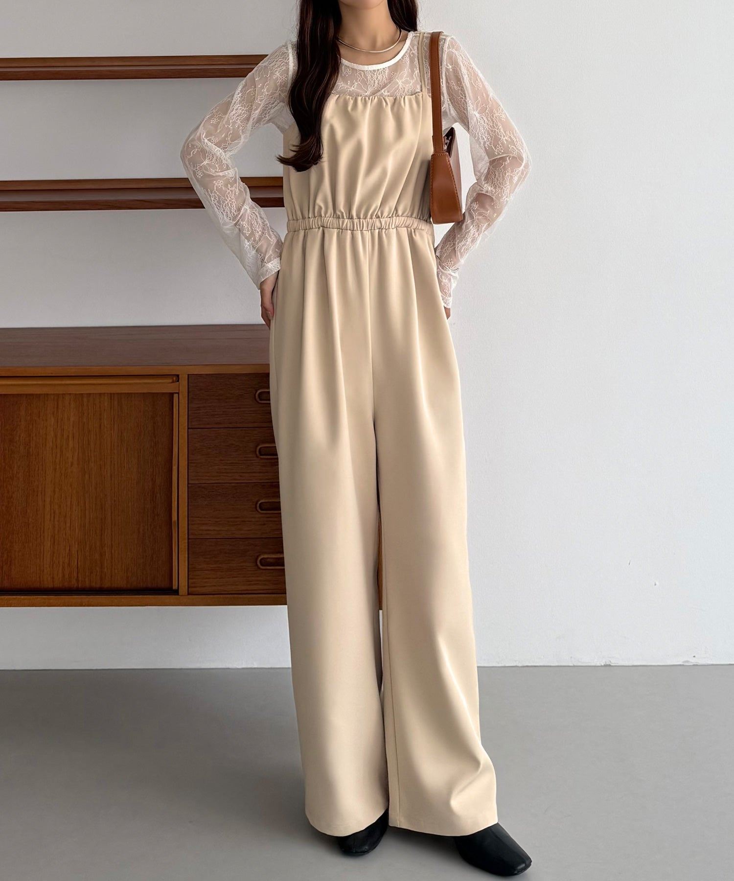 カラウティア callautia callautia シアーレーストップス+ギャザーサロぺットパンツset （ライトベージュ） ライトベージュ