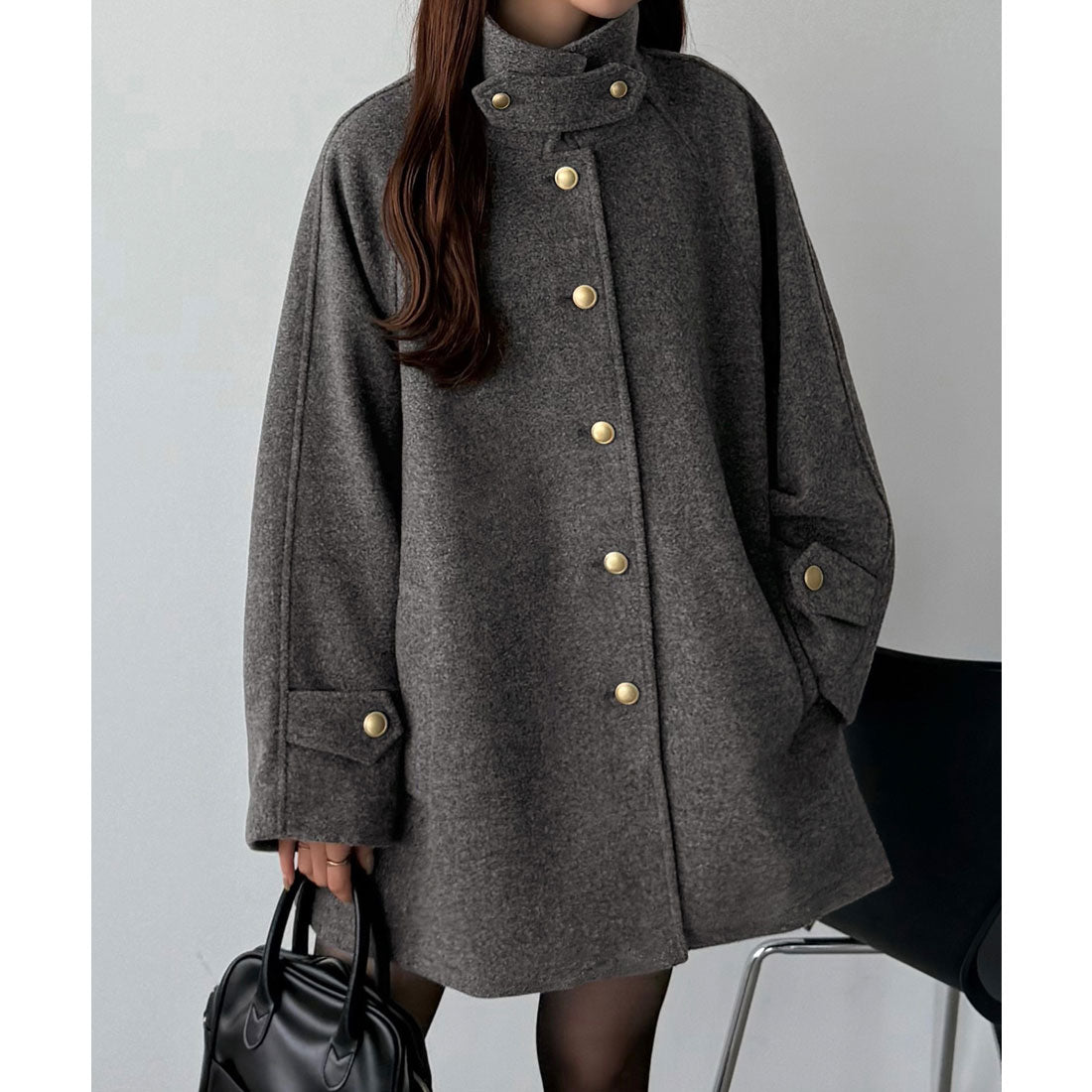 カラウティア callautia callautia ゴールドボタンミドルコート （ダークグレー） ダークグレー