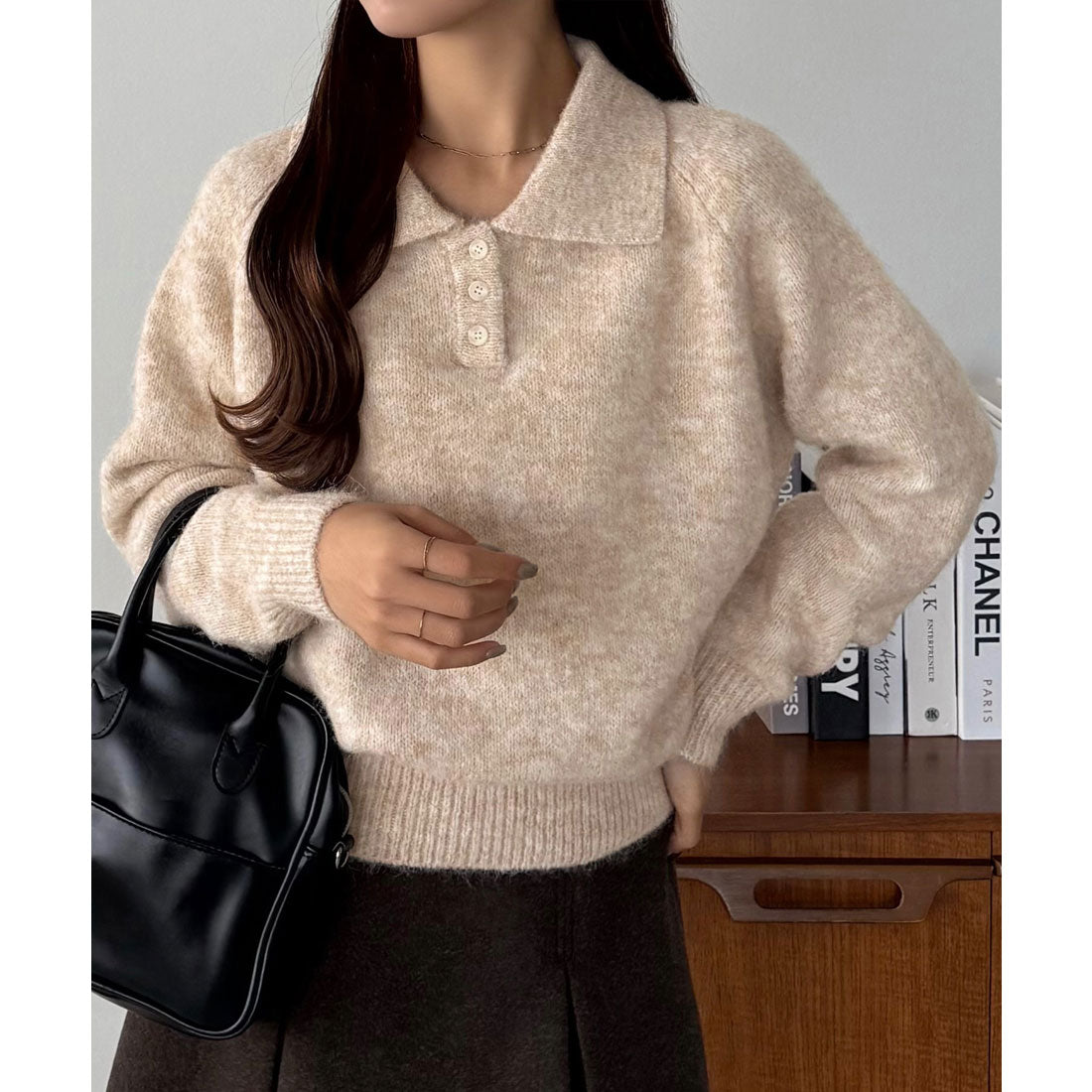 カラウティア callautia callautia ミックスカラーハーフボタンポロニット （サンドベージュ） サンドベージュ