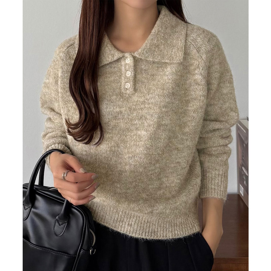 カラウティア callautia callautia ミックスカラーハーフボタンポロニット （グレージュ） グレージュ