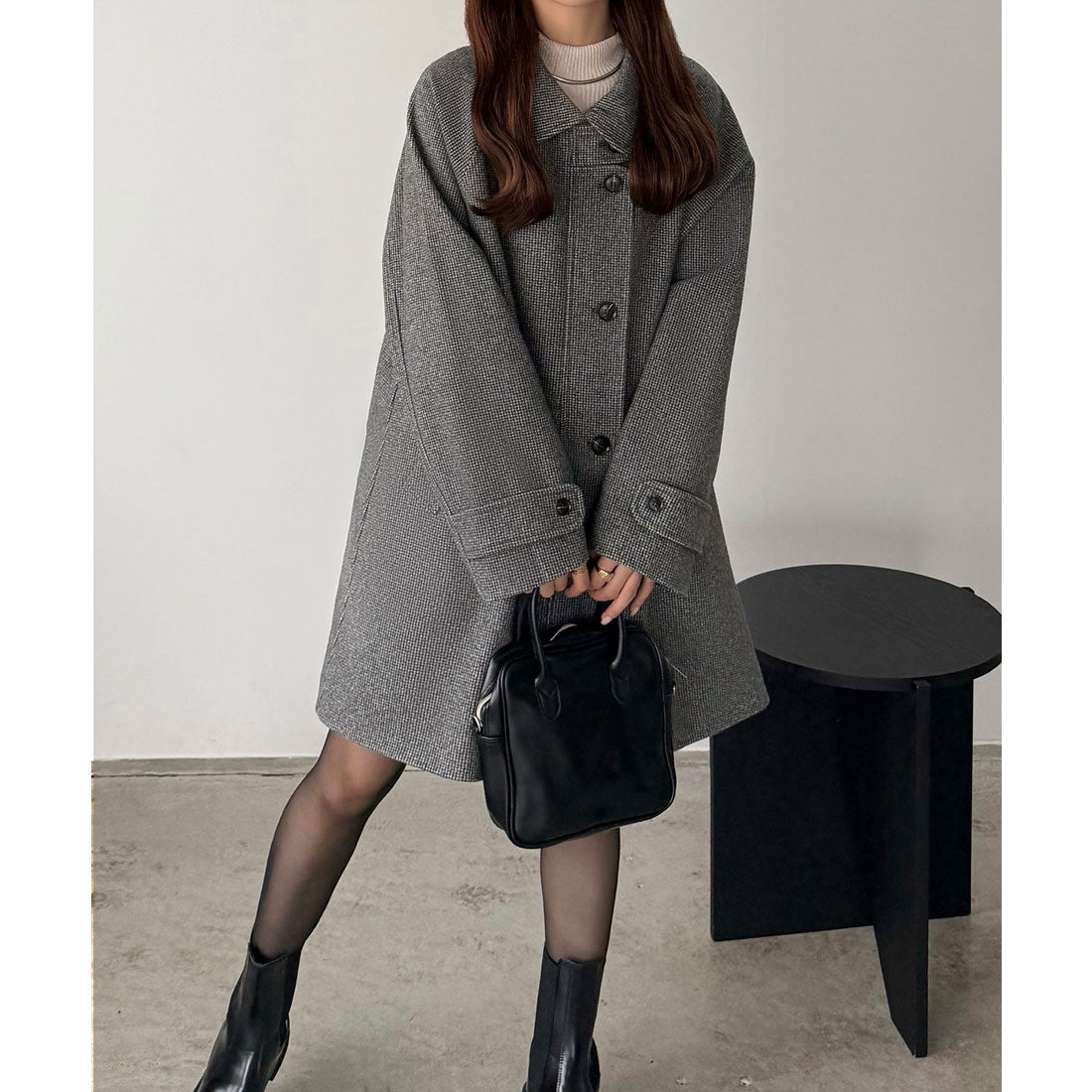 カラウティア callautia callautia ステンカラーチェック柄ミドルコート （チャコール） チャコール