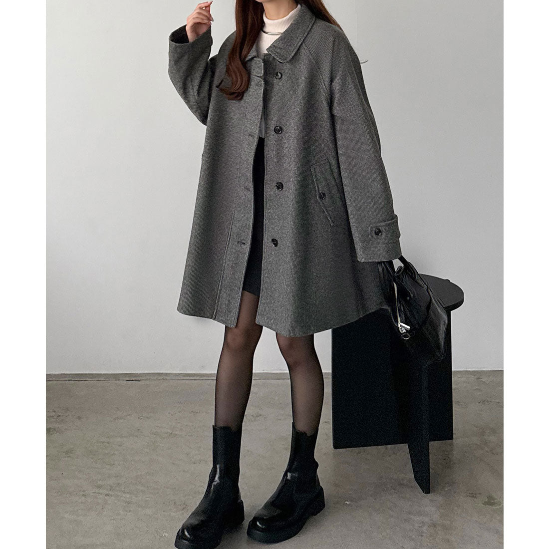 カラウティア callautia callautia ステンカラーチェック柄ミドルコート （チャコール） チャコール