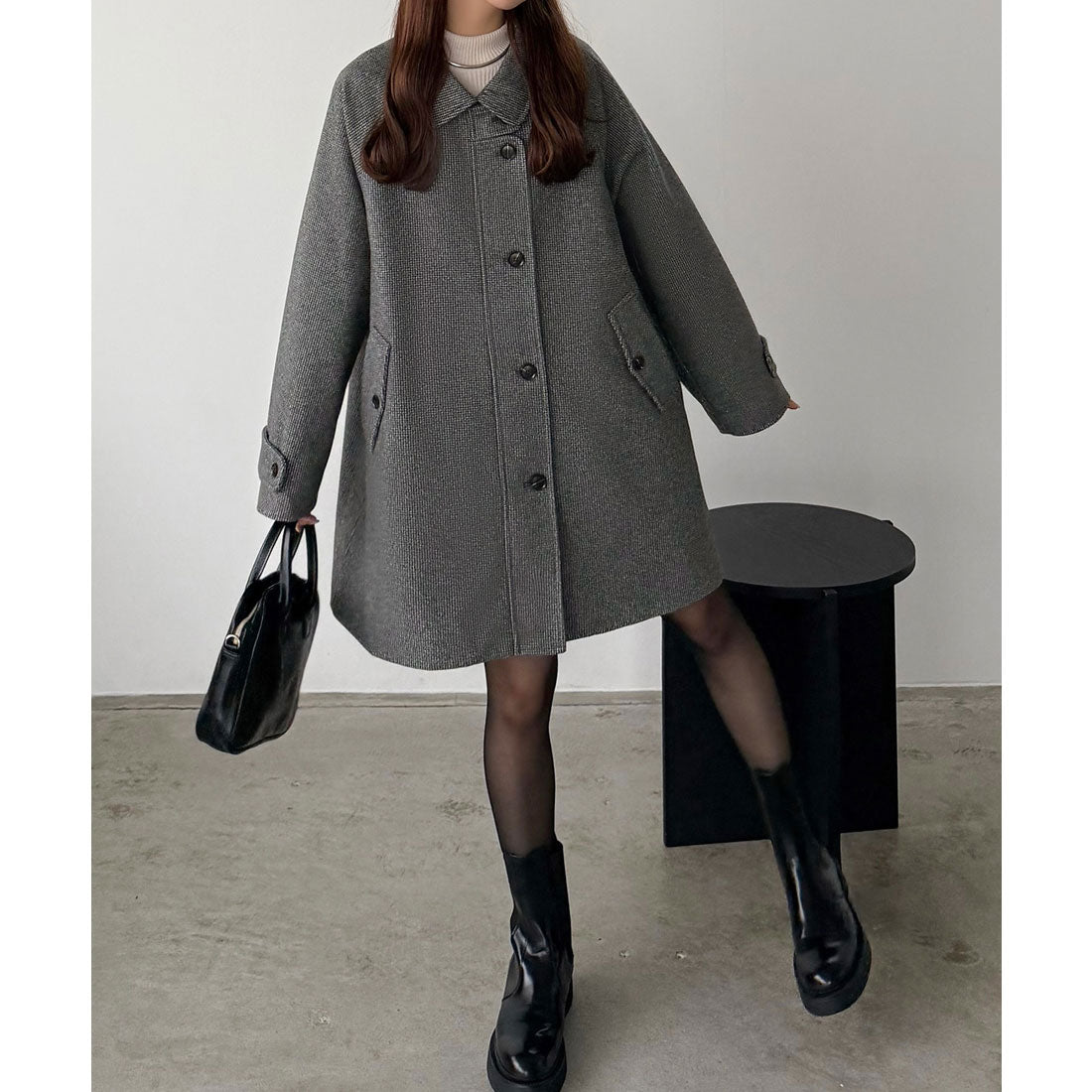 カラウティア callautia callautia ステンカラーチェック柄ミドルコート （チャコール） チャコール