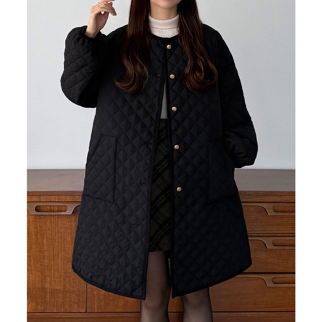 カラウティア callautia callautia 金ボタンノーカラーキルティングコート （ブラック） ブラック