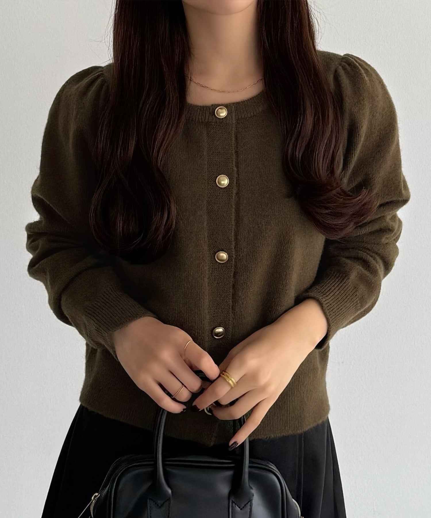 カラウティア callautia callautia 金ボタンパフスリーブショートニットカーディガン （ブラウン） ブラウン