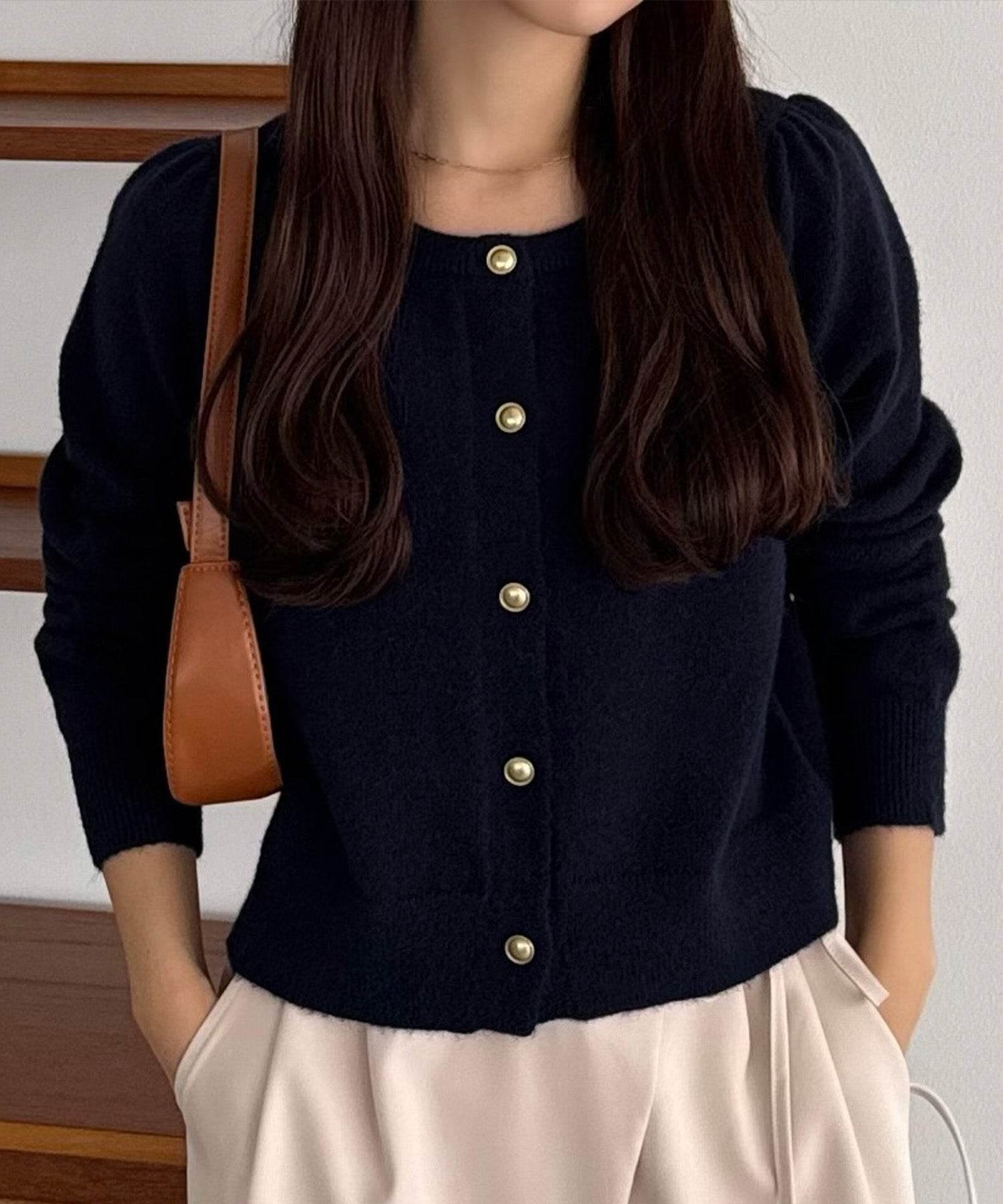 カラウティア callautia callautia 金ボタンパフスリーブショートニットカーディガン （ネイビー） ネイビー