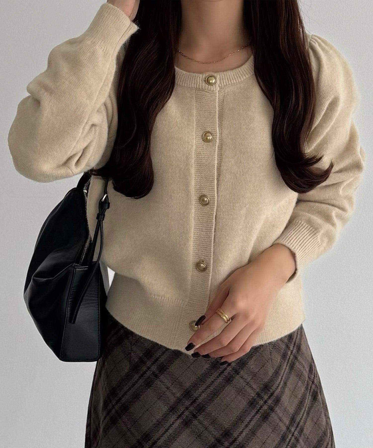 カラウティア callautia callautia 金ボタンパフスリーブショートニットカーディガン （ライトベージュ） ライトベージュ