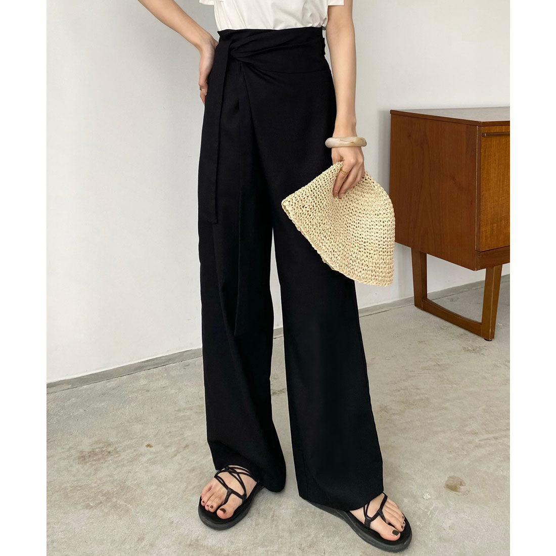 カラウティア callautia ラップリネン混ワイドパンツ （ブラック） ブラック