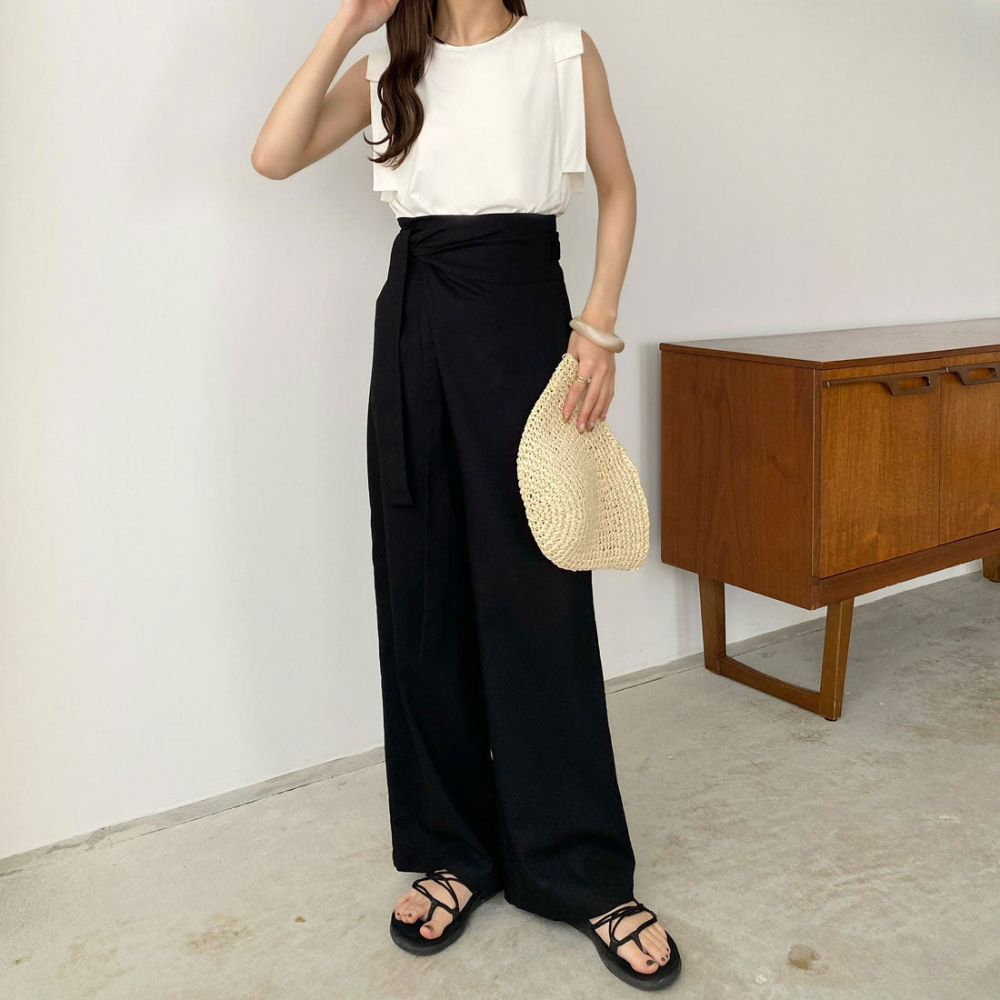 カラウティア callautia ラップリネン混ワイドパンツ （ブラック） ブラック