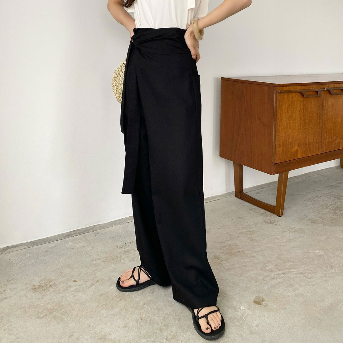 カラウティア callautia ラップリネン混ワイドパンツ （ブラック） ブラック