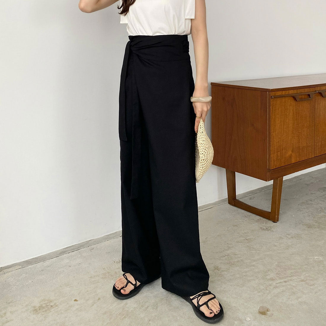 カラウティア callautia ラップリネン混ワイドパンツ （ブラック） ブラック