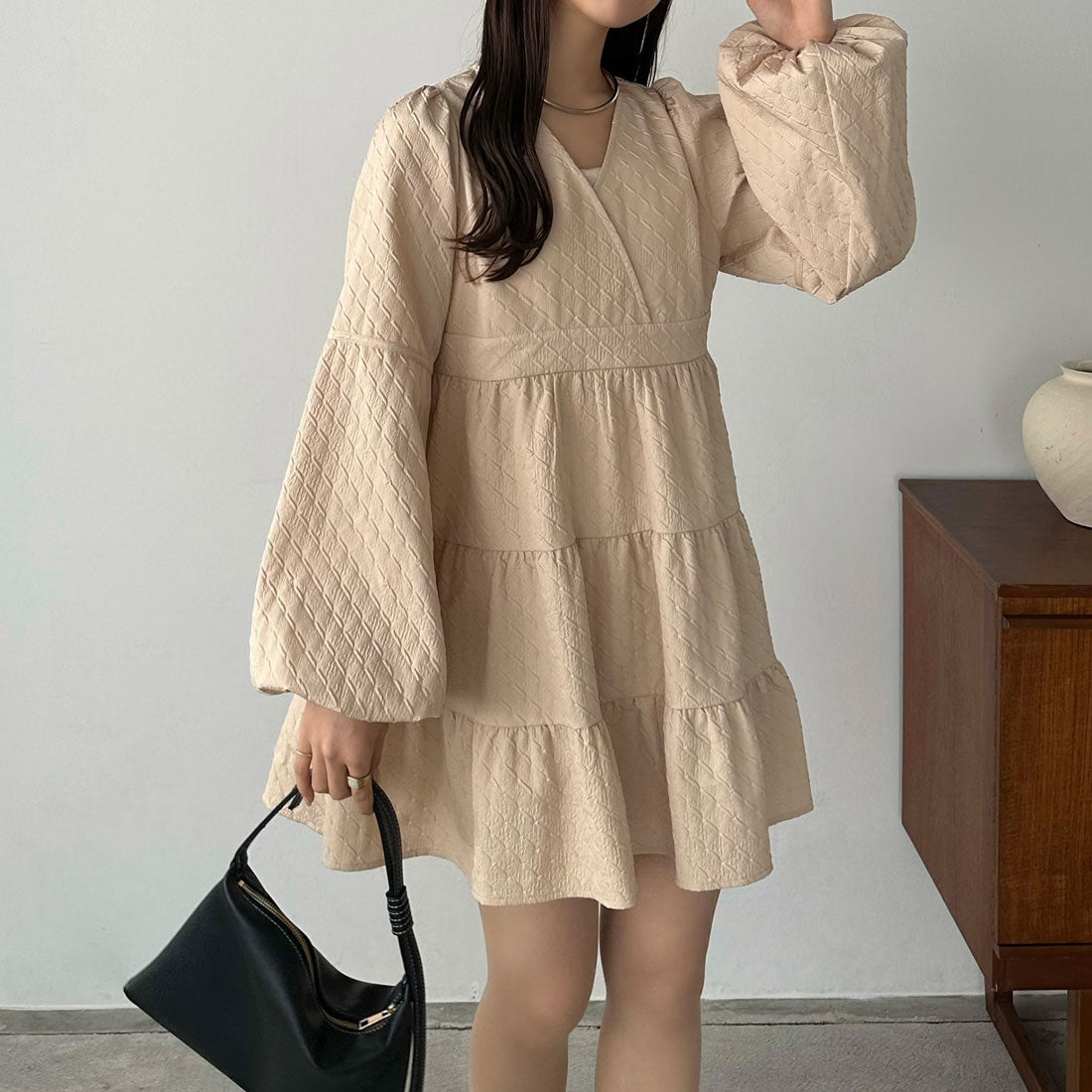 カラウティア callautia callautia バルーンスリーブジャガードトップス,ライトベージュ