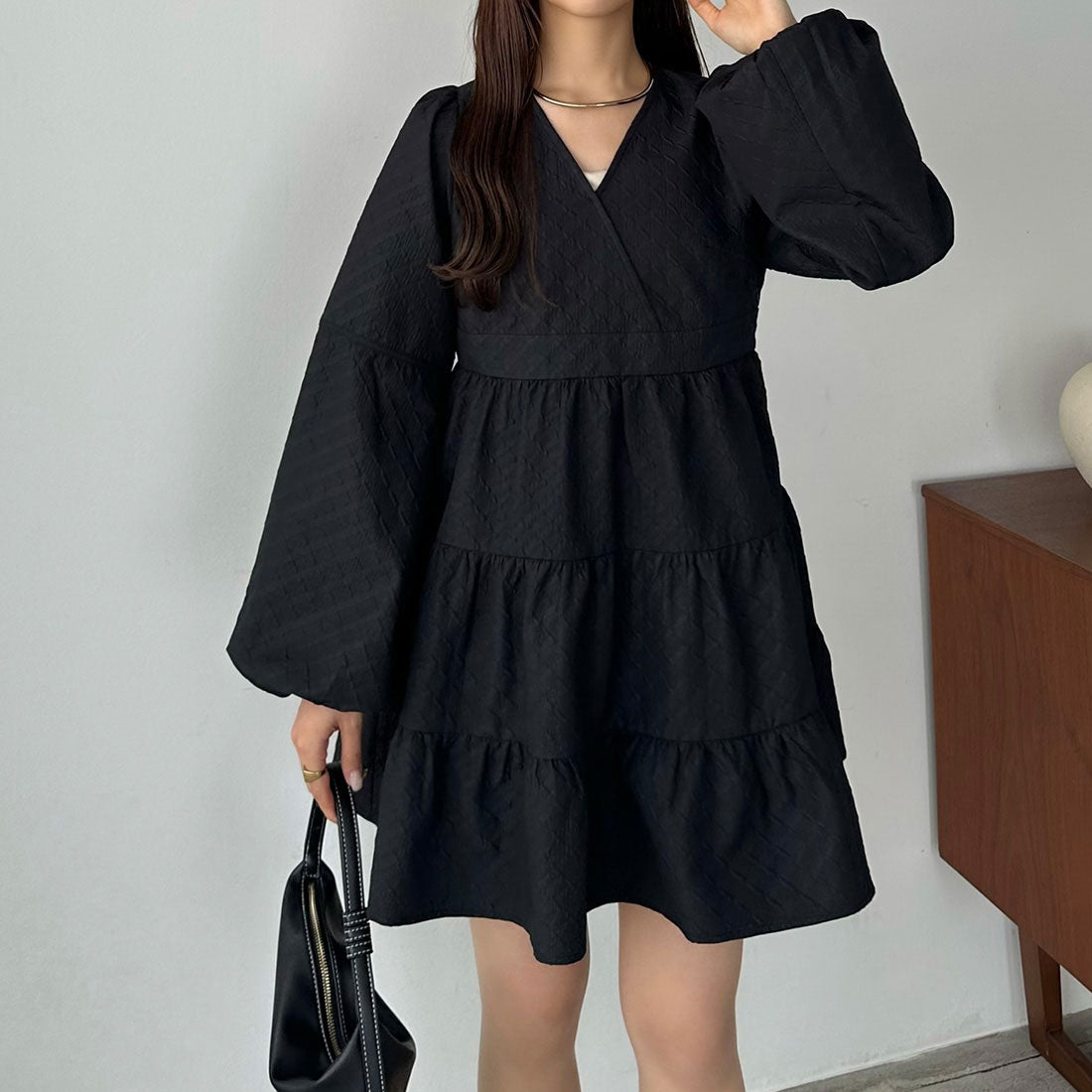 カラウティア callautia callautia バルーンスリーブジャガードトップス,ブラック