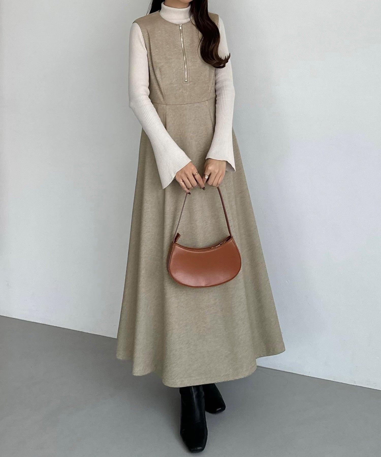 カラウティア callautia callautia フロントジップウールライクワンピース,ライトベージュ