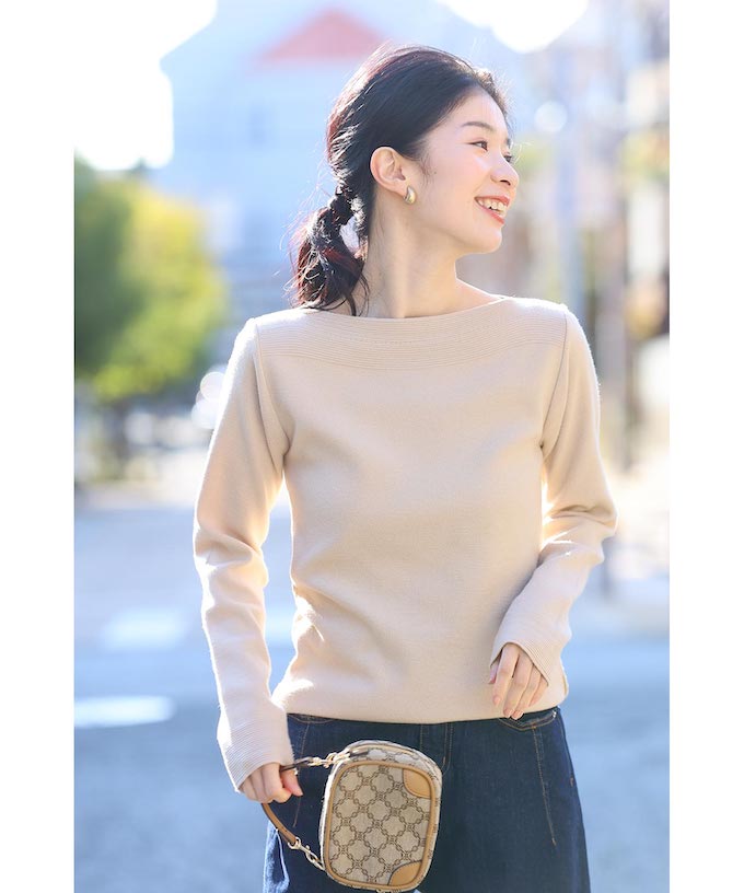 Cute CAWAII 10 Ways to Style Strong Balance Boat Neck Elegant Basic Casual Cute Basic Adult Cute Sophisticated Feminine Design Standard Natural Neat Simple Feminine Tops Cut and Sew Knit Plain Long Sleeve Long Sleeves Knitwear Boat Neck