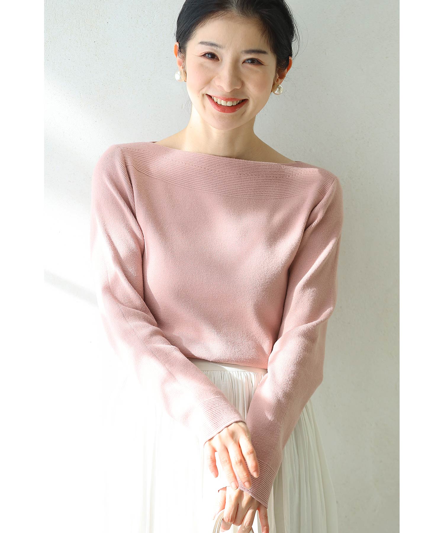 Cute CAWAII 10 Ways to Style Strong Balance Boat Neck Elegant Basic Casual Cute Basic Adult Cute Sophisticated Feminine Design Standard Natural Neat Simple Feminine Tops Cut and Sew Knit Plain Long Sleeve Long Sleeves Knitwear Boat Neck