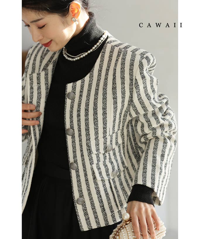 カワイイ CAWAII 肩パッド入りノーカラーストライプジャケット
