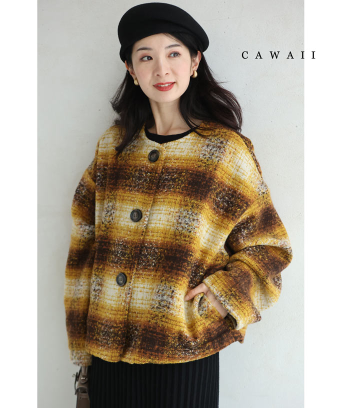 カワイイ CAWAII モコモコチェックのショートコート,イエロー