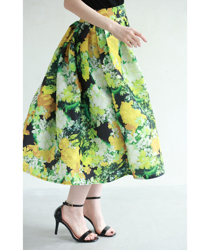 カワイイ CAWAII ガーデンボタニカル柄タックミディアムスカート （グリーン） グリーン