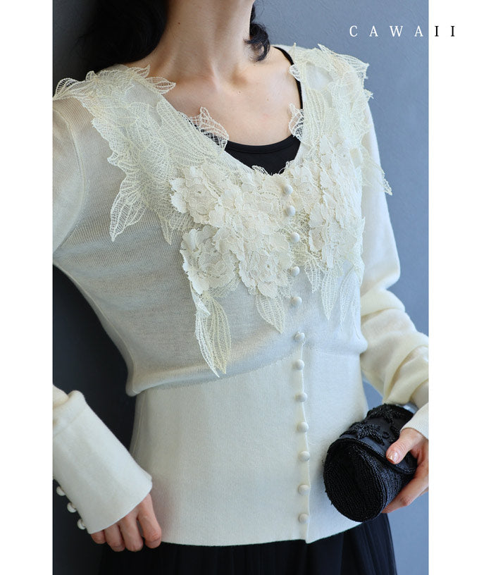 CAWAII CAWAII Three-dimensional blooming abundant flower lace cut-and-sew top