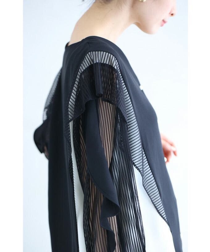 カワイイ CAWAII フリル流れるシアーストライプ袖のバイカラーブラウストップス