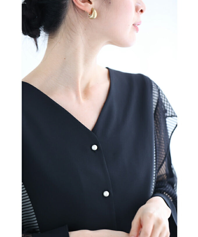 カワイイ CAWAII フリル流れるシアーストライプ袖のバイカラーブラウストップス