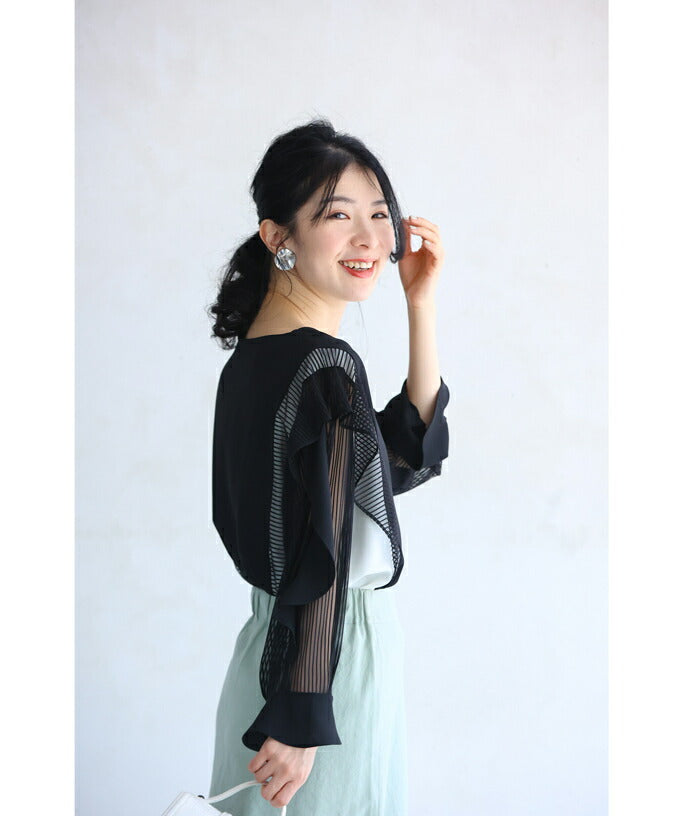 カワイイ CAWAII フリル流れるシアーストライプ袖のバイカラーブラウストップス