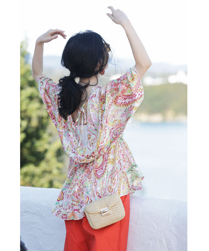 CAWAII Spring-like colorful paisley back-open bra top