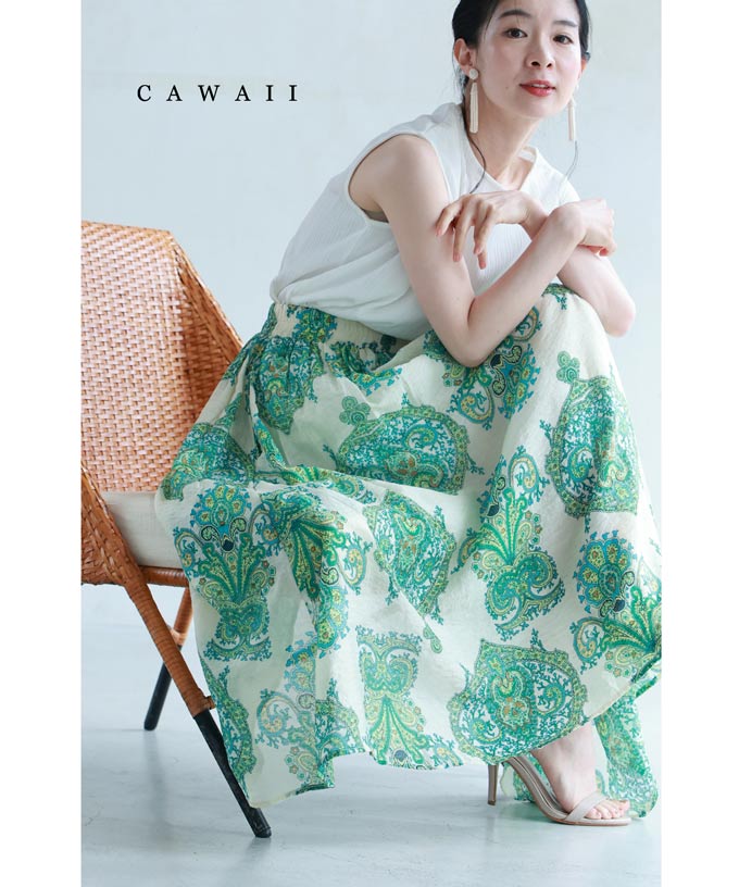 カワイイ CAWAII さわやかなミントカラーのオリエンタル柄ミディアムスカート 　エレガント　ベーシック カジュアル　可愛い　ベーシック 大人かわいい　上品 女性らしい デザイン スタンダード ナチュラル きれいめ　シンプル フェミニン　ボトムス　スカート　柄　ロング　ロングスカート　ウエストゴム　オリエンタル柄　フレアスカート