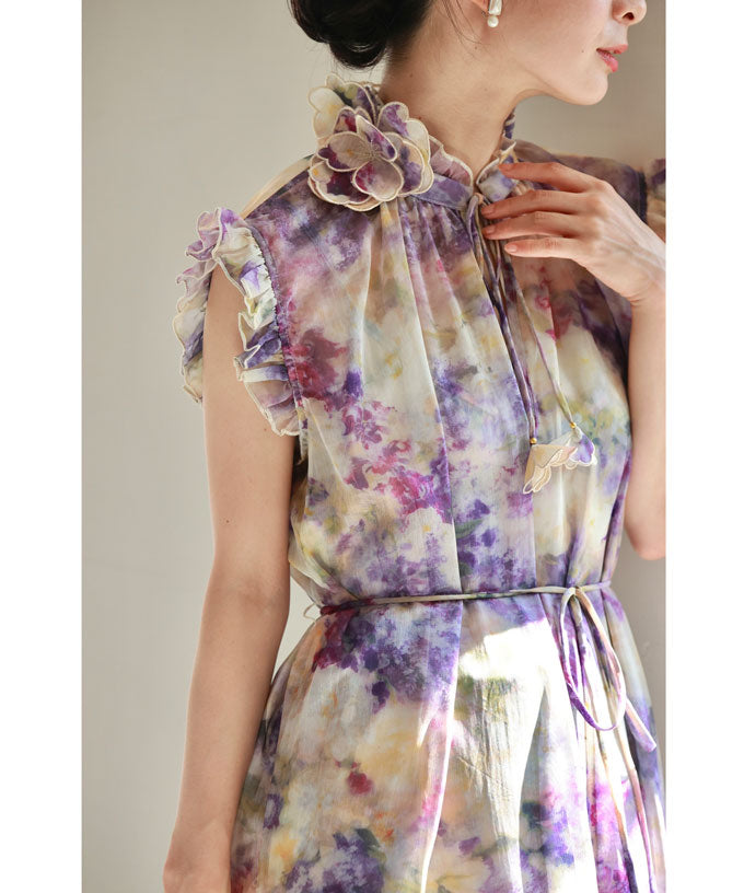 カワイイ CAWAII 花飾りネックのロマンティックシフォンワンピース 　花飾りネック ロマンティック シフォン ワンピース 紐ベルト インナー付き ノースリーブ　袖なし　エレガント ベーシック カジュアル 可愛い　ベーシック 大人かわいい　上品 女性らしい デザイン スタンダード ナチュラル きれいめ　シンプル フェミニン