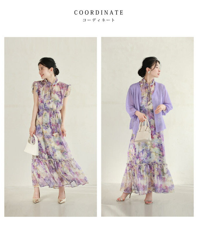 カワイイ CAWAII 花飾りネックのロマンティックシフォンワンピース 　花飾りネック ロマンティック シフォン ワンピース 紐ベルト インナー付き ノースリーブ　袖なし　エレガント ベーシック カジュアル 可愛い　ベーシック 大人かわいい　上品 女性らしい デザイン スタンダード ナチュラル きれいめ　シンプル フェミニン