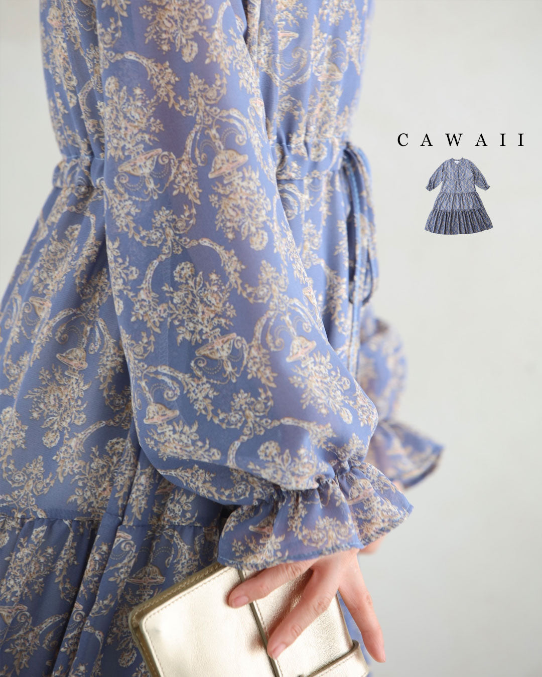 カワイイ CAWAII ノーブルなブルーのダマスク柄ティアードミディアムワンピース （ブルー） ブルー